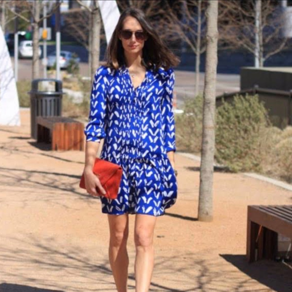 Maeve Anthropologie Mini Dress Blue and White Caravane Galina Drop Waist Size S